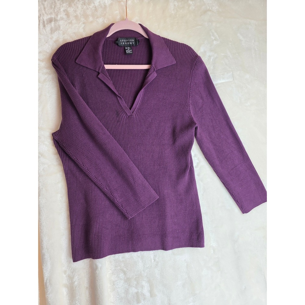 Spenser Jeremy‎ Purple Ribbed Silk Nylon Blend Collared V Neck Pullover Sweater